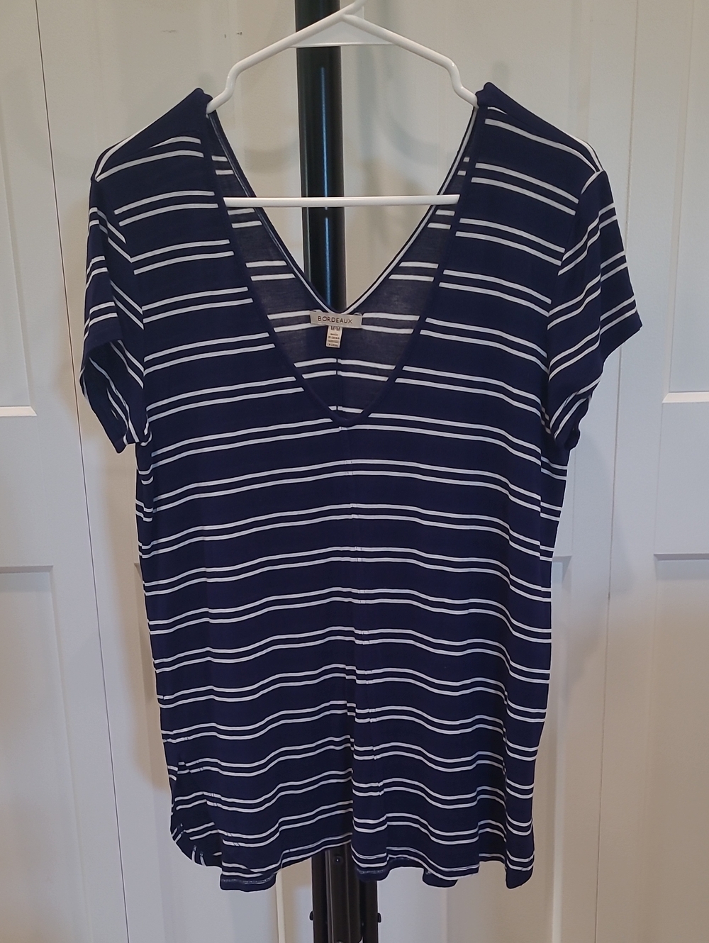 Bordeaux Anthropologie Navy and White Striped V-Neck Short Sleeve Top